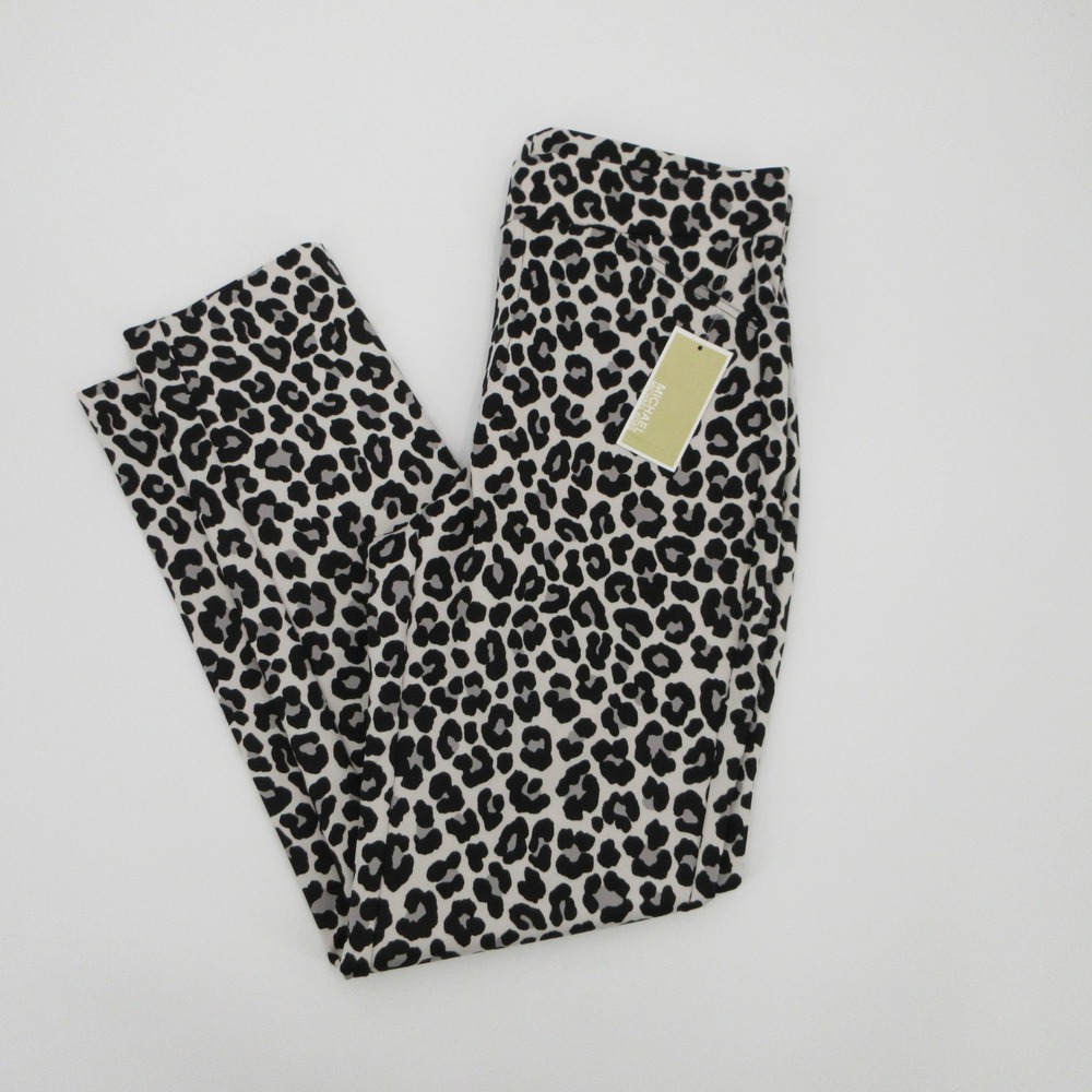 Michael Michael Kors Womens Leopard Print Pull On Slim Leg Pants Grey Black M